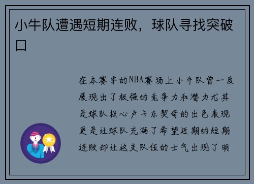 小牛队遭遇短期连败，球队寻找突破口