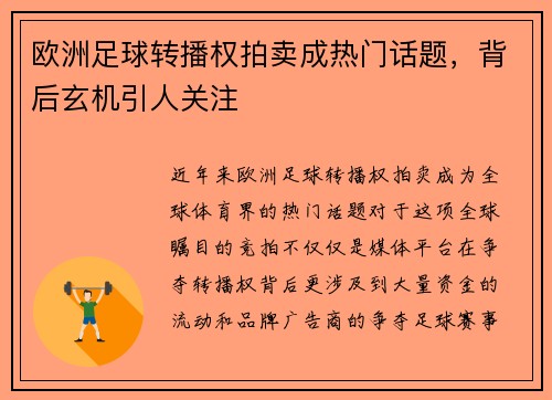欧洲足球转播权拍卖成热门话题，背后玄机引人关注