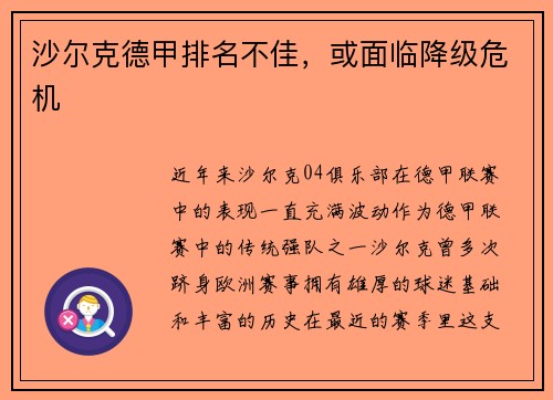 沙尔克德甲排名不佳，或面临降级危机