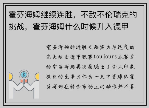 霍芬海姆继续连胜，不敌不伦瑞克的挑战，霍芬海姆什么时候升入德甲