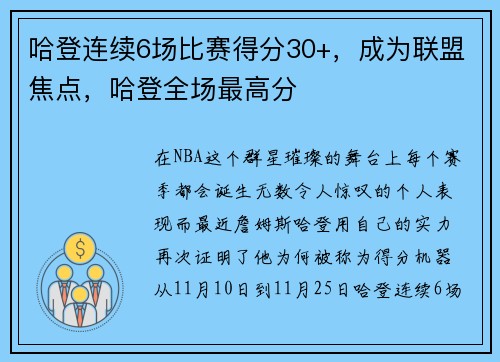 哈登连续6场比赛得分30+，成为联盟焦点，哈登全场最高分